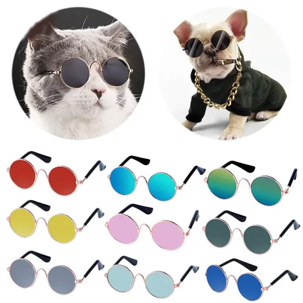 Óculos de sol para cachorro e gato. Produto adorável para animais de estimação, vintage, redondo, reflexivo